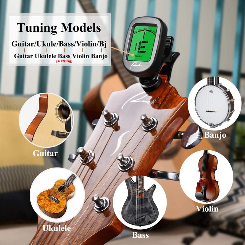 Ranch Guitar Tuner Clip On for Acoustic/Electric Guitar, Ukulele, Violin, Bass, Banjo - Fast & Accurate Chromatic Tuner with Noise Immunity Durable String Instrument Tuners - Classic Black