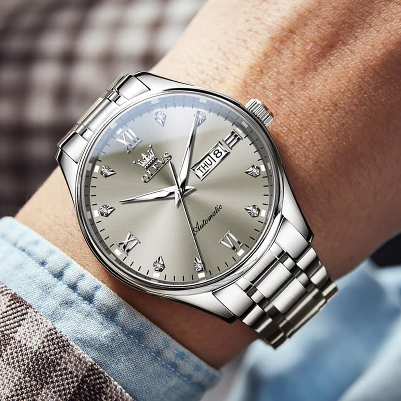 OLEVS Automatic Watches for Men Self Winding Mechanical Wristwatch Luxury Business Dress Stainless Steel Luminous Waterproof Calendar Mens Watch