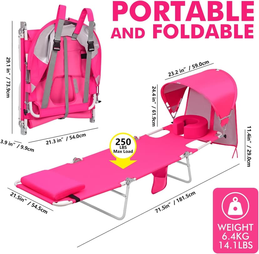 Backpack Beach Tanning Lounge Chair with Canopy Shade Face Hole Padded Adjustable Washable, 6 Position Layout Chair for Outside Sunbathing Poolside Lawn, UPF 50+ Wind-Resistant Sun Shade, Patented