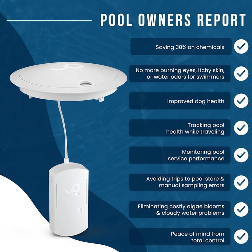 WaterGuru Sense S2 Smart Pool Monitor – Digital Pool & Spa Water Tester for Chlorine, pH, CYA & Alkalinity – Wi-Fi Enabled – Includes C5 Cassette, Float Ring & Batteries