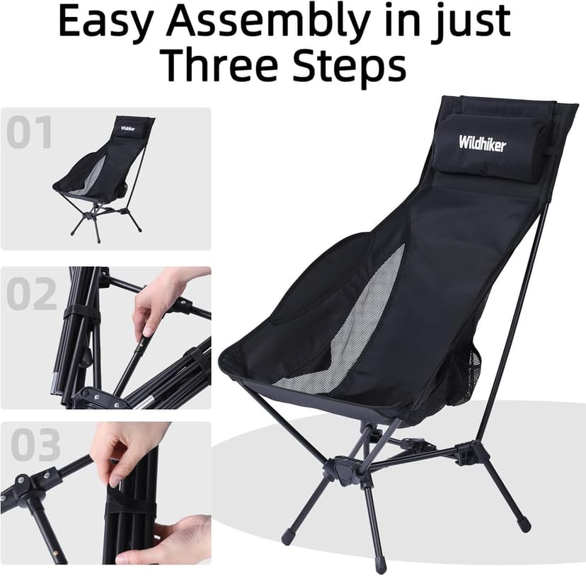 Wildhiker Portable Compact Folding Camping Chairs – Lightweight High Back with Pillow, Deep Recline, ArmPads, Side Pockets-for Motorcycle, RV, Backpacking, Travel, Festival – Black