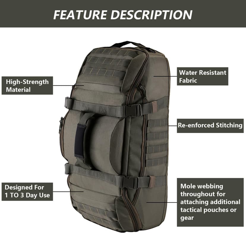Hannibal Tactical 65L Large Duffle Bag, 3-in-1 Tactical Backpack MOLLE Pack for Sports, Gym, Outdoor, Olive Green