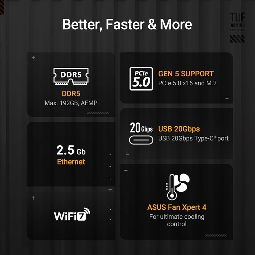 ASUS TUF Gaming B850-PLUS WiFi AMD AM5 B850 ATX Motherboard, 14+2+1 80A Stages, AI Ready, DDR5, PCIe 5.0, 3X M.2, Wi-Fi 7, 2.5Gb LAN, DisplayPort, HDMI™, USB 10Gbps & 20Gbps Type-C®, BIOS Flashback™