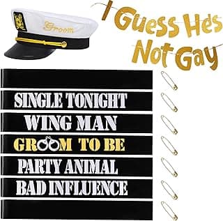 Men's Bachelor Party Decorations Kit with 1 Groom & 6 Groomsmen Belts, Gold Glitter Banner & Captain Hat for Bachelorette Party Supplies & Accessories