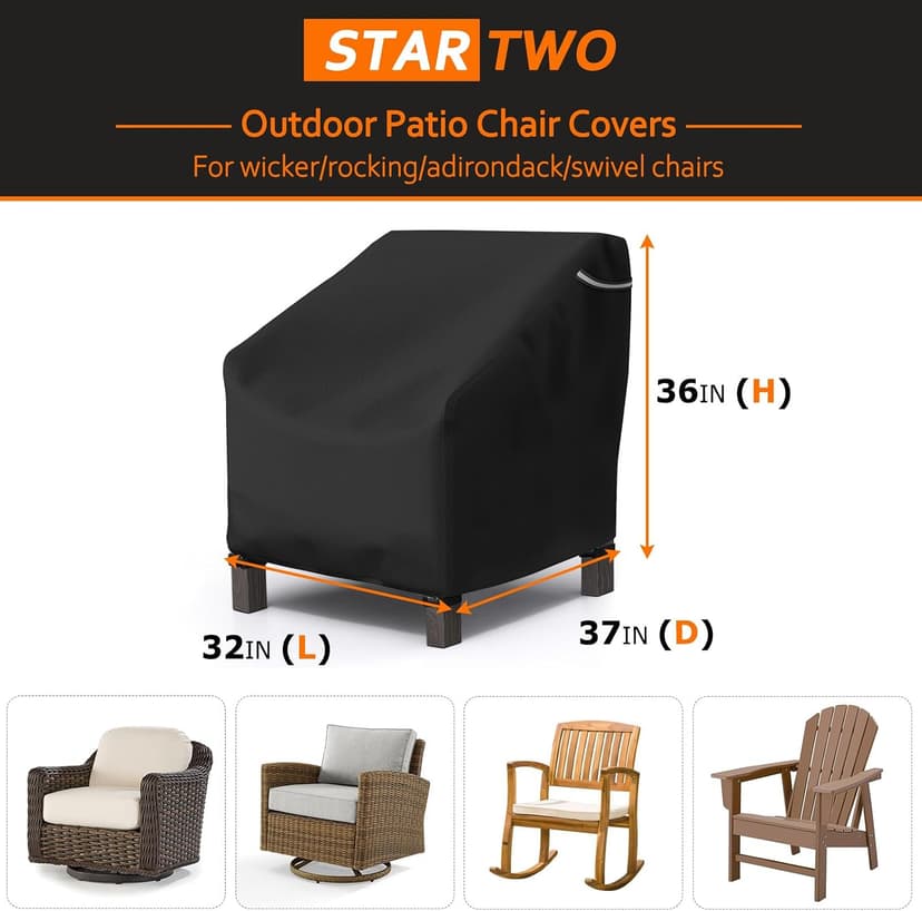 STARTWO Patio Outdoor Chair Covers, Outdoor Furniture Covers Waterproof adapter for Lawn Lounge Seat, Wicker, Swivel, Adirondack, Rocking Chairs, 1 Pack 32"L x 37" W x 36"H inch, Black