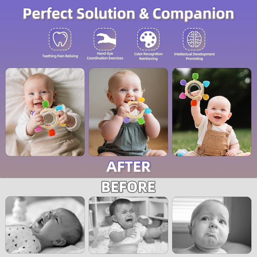 VTECHOLOGY Baby Teething Rings Toys for 0-6 6-12 Months Baby Rattle Teether Sensory Toys for Babies 0-24Months Silicone Teether Relief Chew Soothing Sore Gums for Newborn Infant Essentials BPA Free