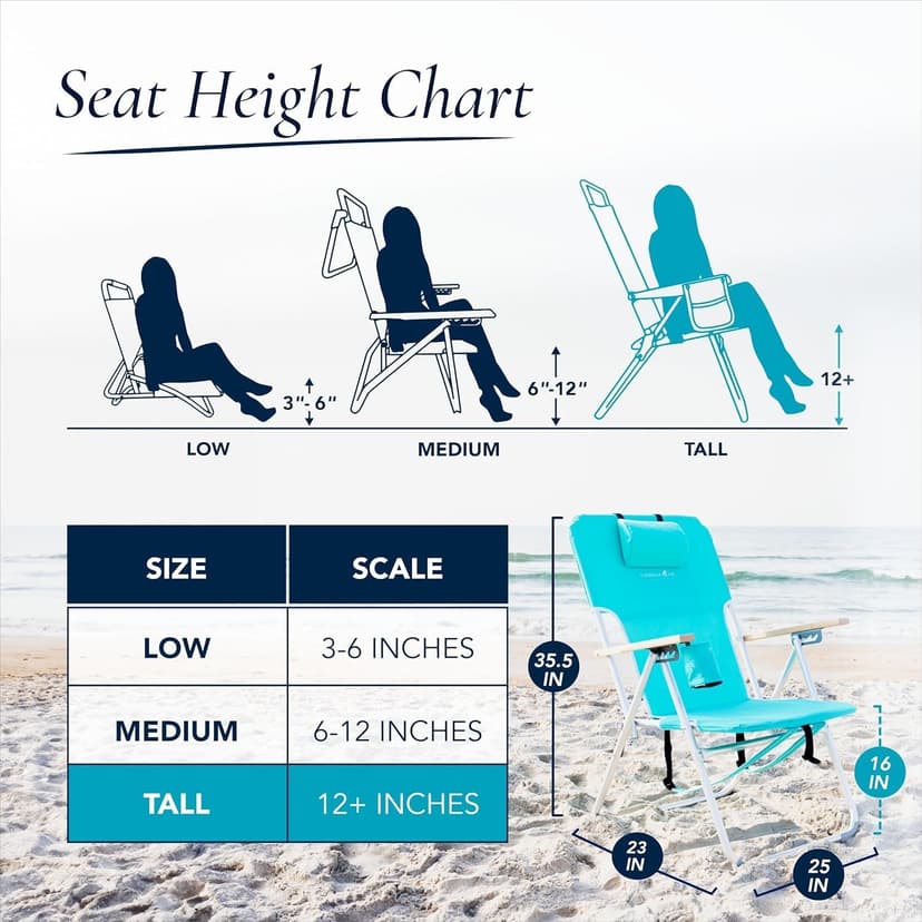 CARIBBEAN JOE Folding Beach Chair, 4 Position Portable Backpack Foldable Camping Chair with Headrest, Cup Holder, and Wooden Armrests