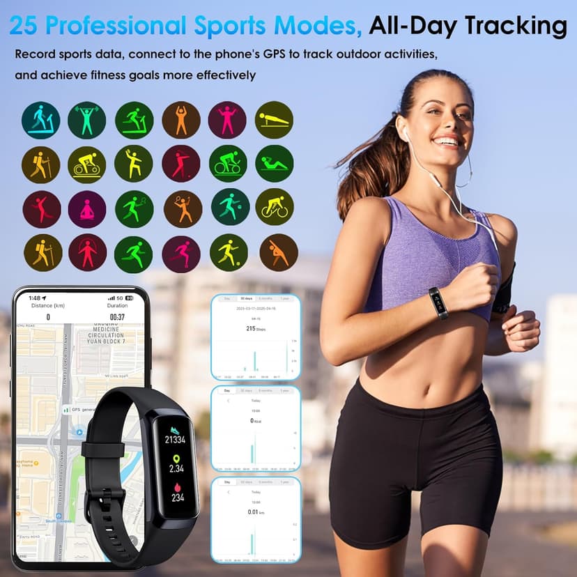 Fitness Tracker, 24/7 Heart Rate Blood Oxygen Blood Pressure Body Temp Monitor Sleep Calorie Tracker with 1.1" AMOLED Touch Color Screen Pedometer Smart Watch Waterproof for Women Men