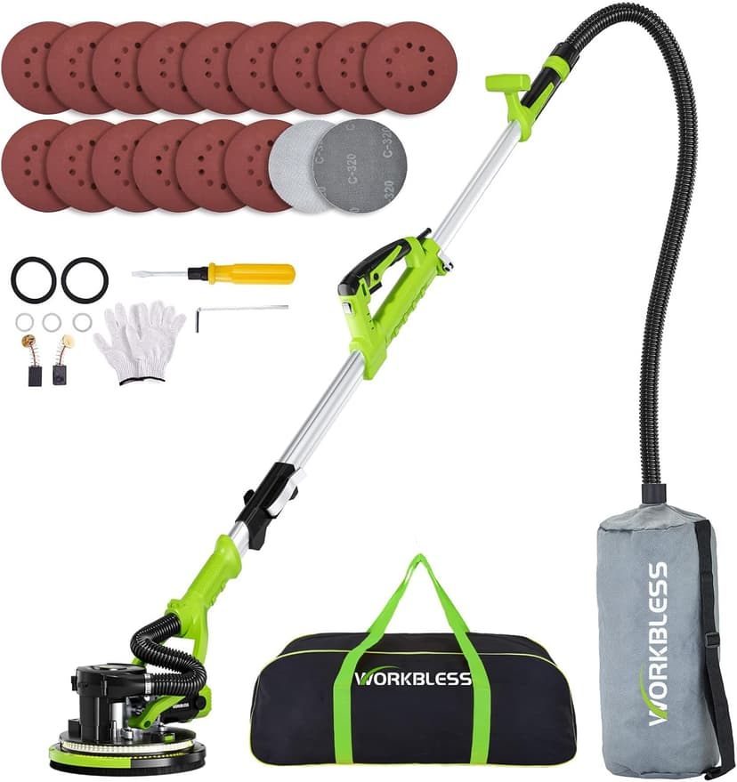 WorkBless Drywall Sander, 1050W 7.2A Popcorn Ceiling Removal Tool, Automatic Drywall Sander with Vacuum Dust Collector, 7 Variable Speed 1000-2100RPM, 15Pcs Sanding Discs(Green)