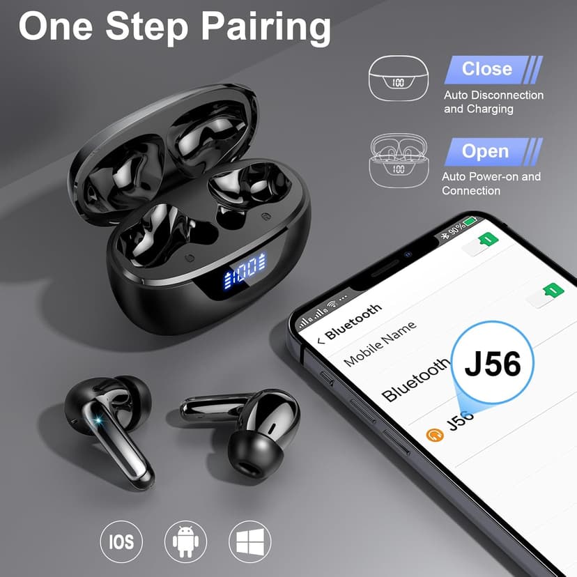 Wireless Earbuds, Bluetooth 5.3 Headphones Bass Stereo, 48Hours Playtime, 4 ENC Mic Clear Calls, Noise Cancelling Ear Buds with LED Display Charging Case,IPX7 Waterproof Earphone for Android iOS Black