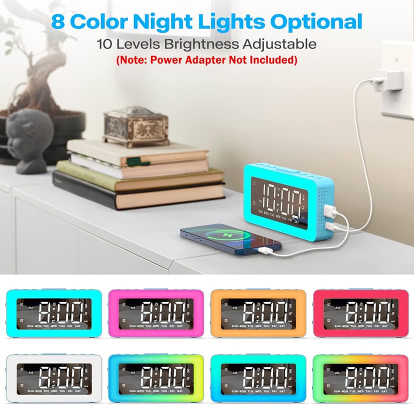 AFEXOA RGB Night Light Alarm Clock for Kids, Teenagers, Adults, Mirrored Clock with Dual Alarms, Snooze, LED Display, USB Charger, Small Dimmable Alarms for Bedtime
