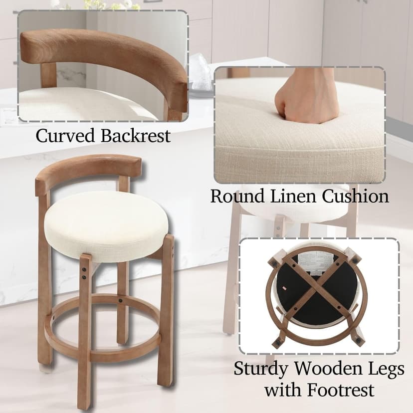 LukeAlon Mid Century Linen Counter Stools Set of 3, Upholstered 26.5" Seat Height Low Barstools with Natural Wood Legs Round Low Back Kitchen Stools with Footrest for Dining Room, Beige
