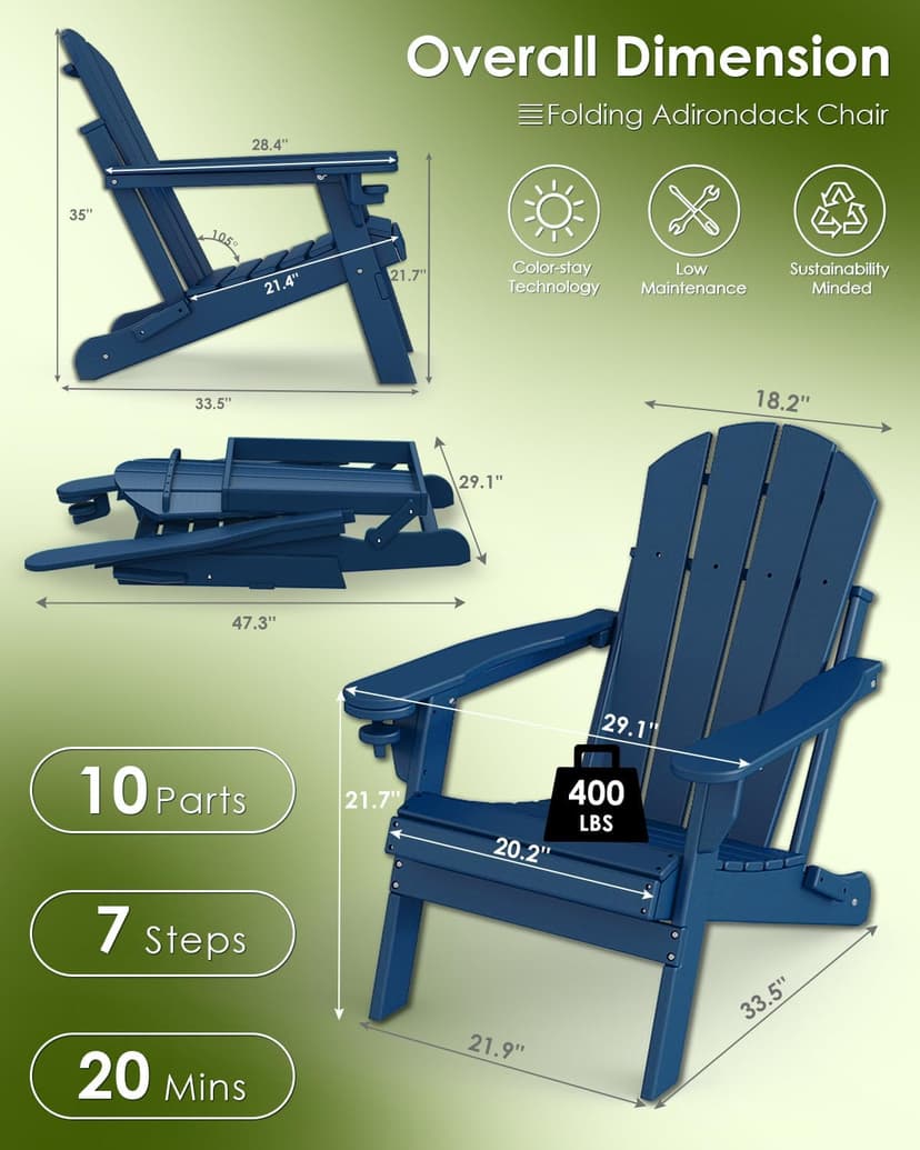 GREENVINES Folding-Adirondack-Chairs-Set-of-2 | HDPE Plastic | Fire Pit Chair | All Weather | Cup Holder | Blue | for Deck Backyard Patio Outdoor Garden