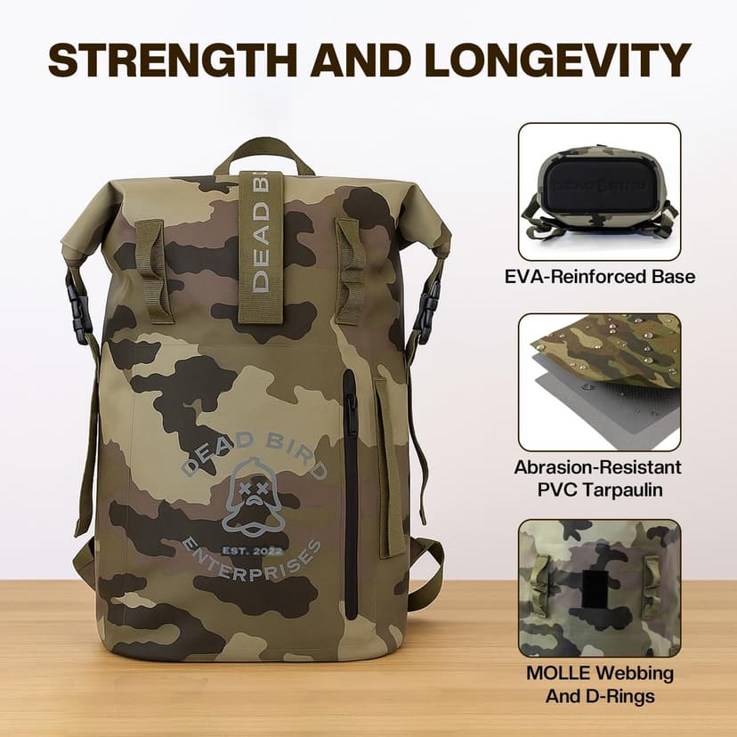 Dead Bird Enterprises Roll Top Waterproof Backpack, 25L Camouflage Pattern Dry Bag with MOLLE Loops and Adjustable Straps, WaterTight Duck Hunting Backpack for Camping, Hiking and Outdoor Travel