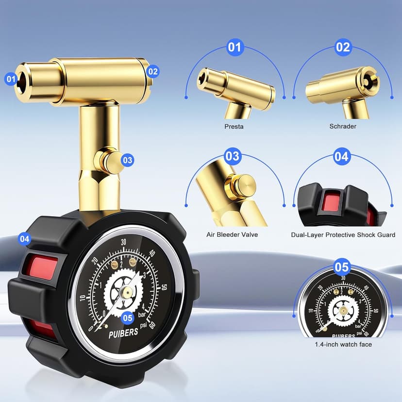 Schrader and Presta Bicycle Tire Pressure Gauge 60 PSI / 4 Bar, Tire Air Pressure Gauge Luminous Dial, Suitable for Car, Motorcycle, Bike, SUV