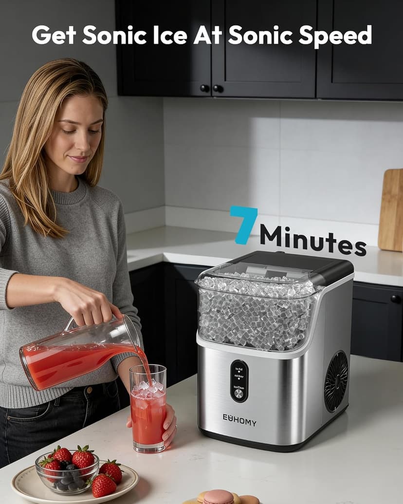 EUHOMY Nugget Ice Maker Countertop, Ready in 7 Mins, 35Lbs/24H Pebble Ice Maker Machine, Self-Cleaning Countertop Sonic Ice Makers with Ice Scoop&Basket, Pellet Ice Maker for Home, Stainless Steel