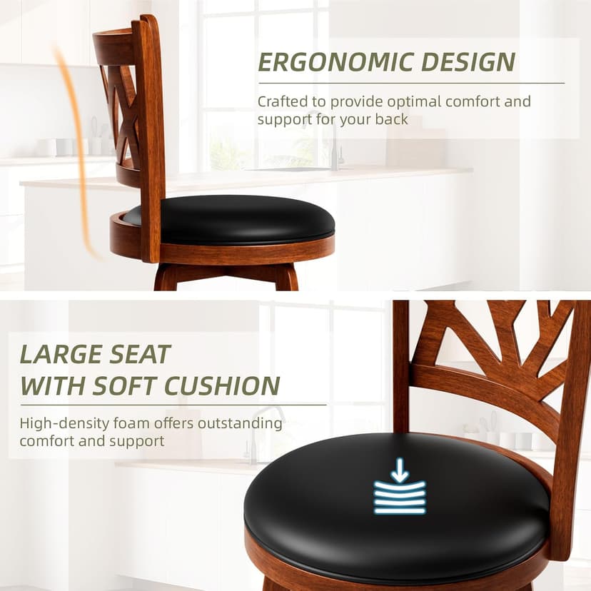 Swivel Barstools Set of 4, Farmhouse 24" Counter Height Bar Stools with Backs, Lotus Pattern Carved Bar Chair with Solid Wood Legs & Footrest for Kitchen Island, Home Bar, Pub. Brown