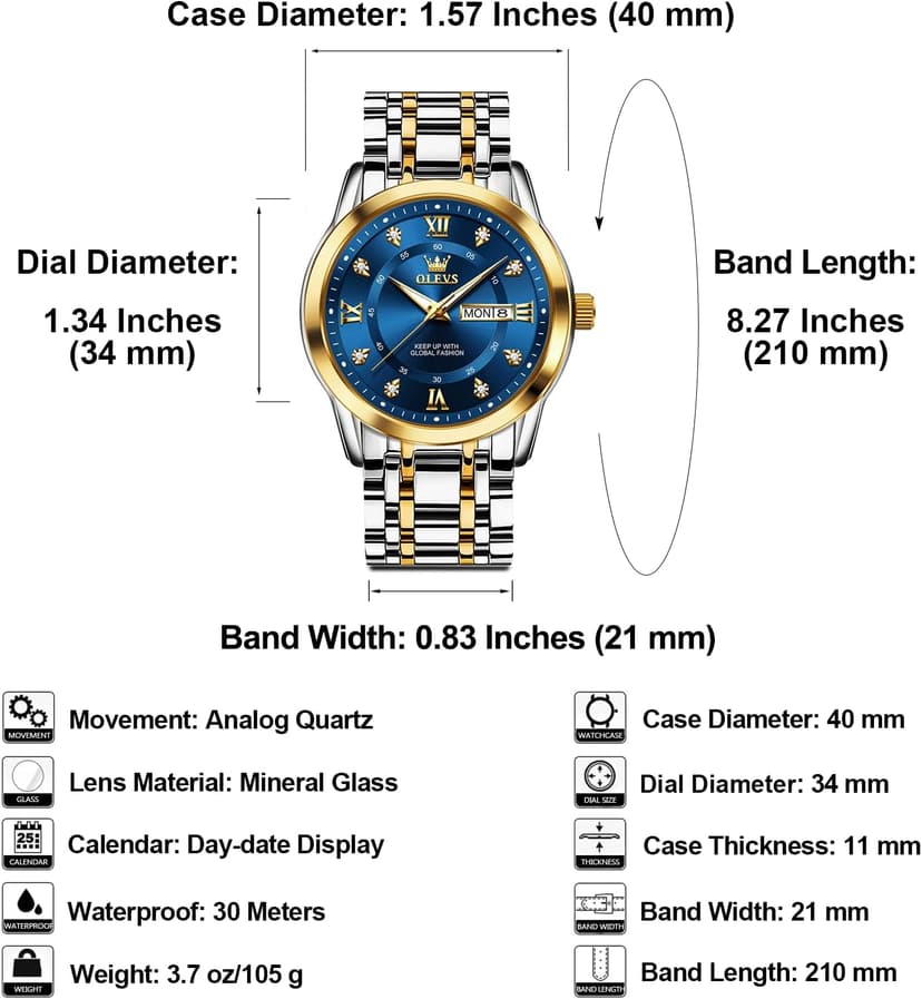 OLEVS Men's Stainless Steel Watch, Large Face Roman Numerals Diamond Accented Three-Hand Analog Quartz Watches for Men, Easy to Read Day Date Waterproof Luminous Mens Wristwatch