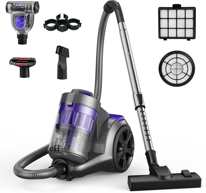 Aspiron 1700W Canister Vacuum Cleaner, 45Kpa Bagless Vacuum Cleaner, Multi-Cyclonic Filtration, 2 Anti-Allergen HEPA Filters, 3.5QT Dust Cup, 4 Tools, Corded Vacuum for Hard Floor, Pet Hair, Violet