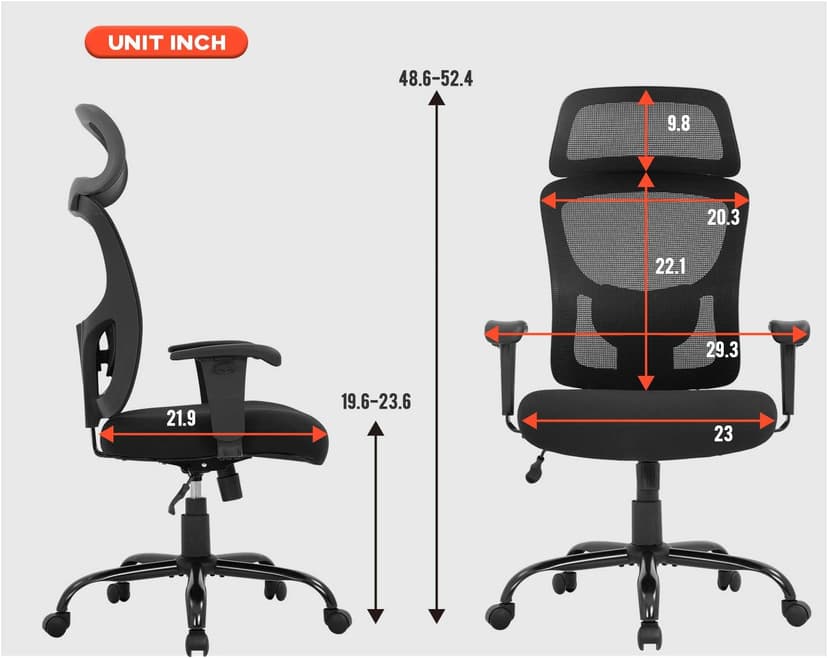Big and Tall Office Chair Ergonomic Chair 400lbs Wide Seat Executive Desk Chair with Lumbar Support Adjustable Armrest Headrest High Back Mesh Computer Chair Rolling Swivel Task Chair(Black)
