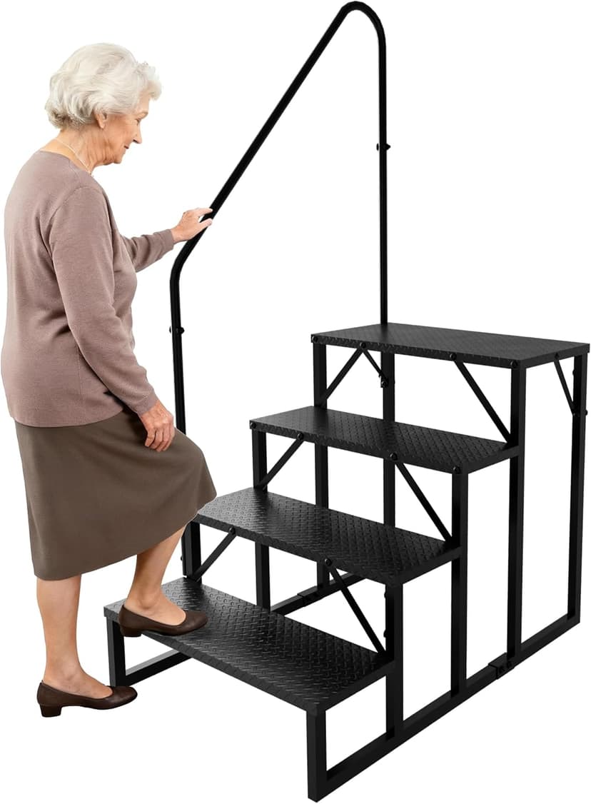 RV Steps with Handrail｜4 Step Hot Tub Spa Steps｜Update 3.0 Outdoor RV Stairs with Anti-Slip Pedals｜RV Ladders for Travel Trailers｜Heavy Duty Camper Steps for Camper, Porch, Spa