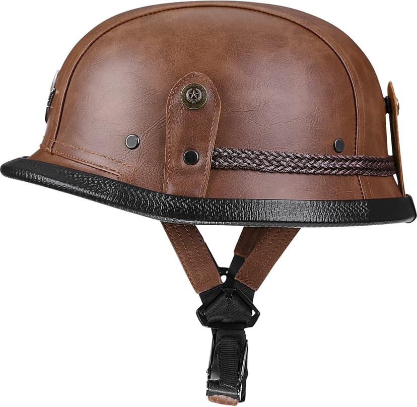 Yesmotor Motorcycle Half Helmet Retro German Handmade Leather Half Face Quick Release Buckle & Goggles - DOT Approved (Dark Brown, L)