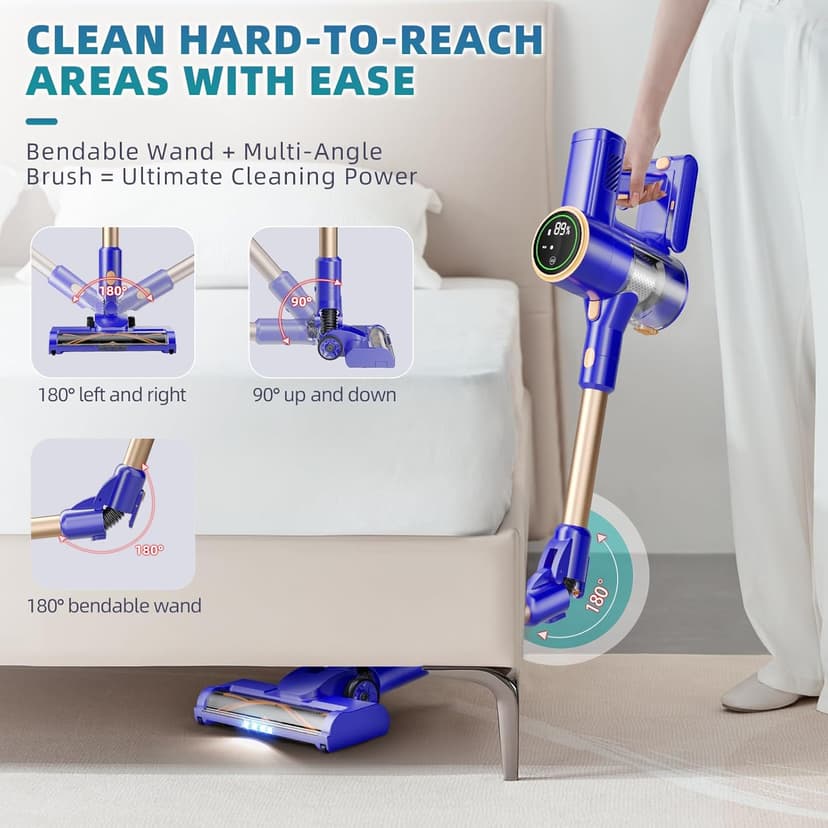 Cordless Vacuum Cleaner, 180° Bendable Wand Stick Vacuum Cleaners with LED Touch Screen, 8-in-1 Lightweight Rechargeable Vacuum with 1.5L Dust Cup for Home Hard Floor Low-Pile Carpet