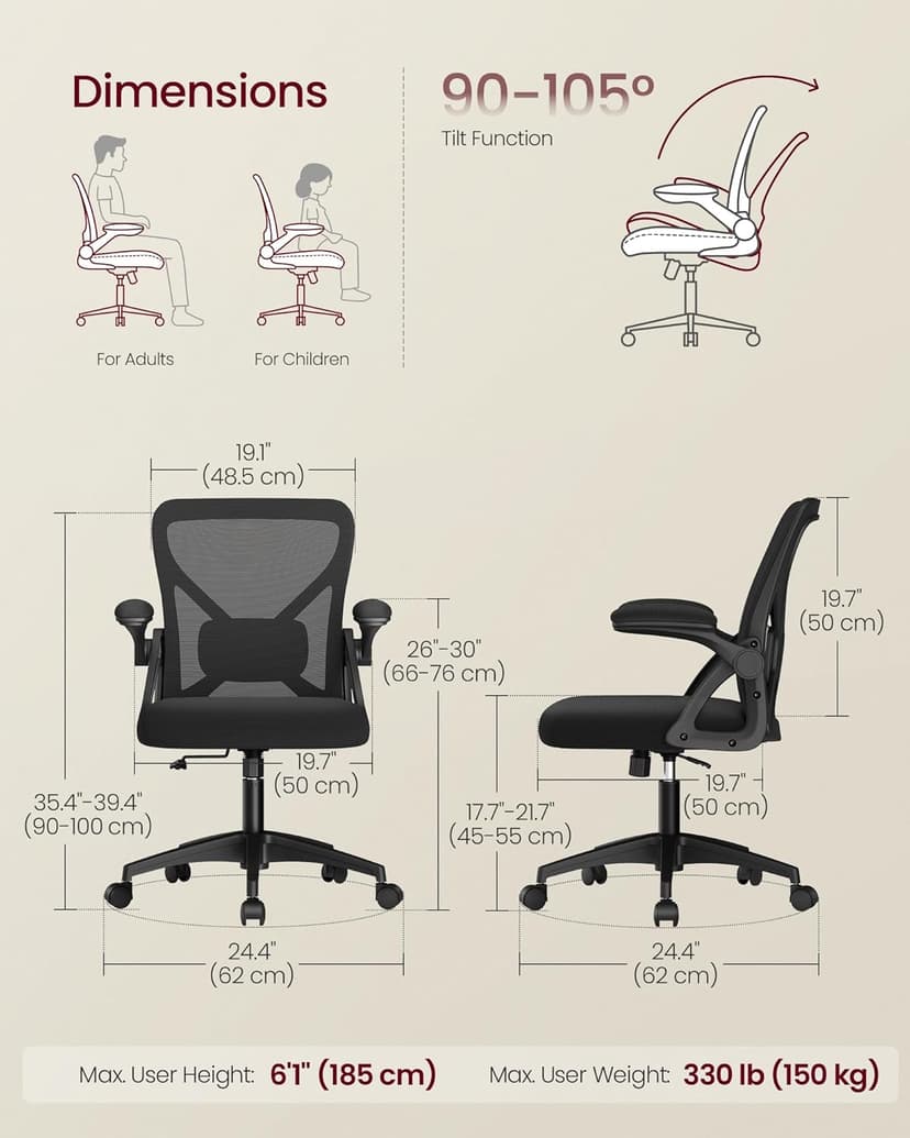 VASAGLE Ergonomic Mesh Office Chair with Adjustable Lumbar Support, 90-105° Tilt Function, Wide Seat, Flip‑Up Armrests, Computer Desk Chair for Home Office, Ink Black UOBN045BH01S