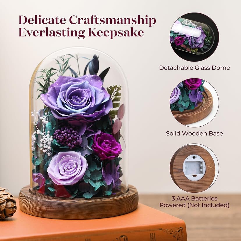 Dsuto Forever Fresh Flowers Bouquet in Glass Dome with Light, Preserved Purple Roses Gifts for Women on Birthdays, Anniversaries, Christmas, Valentine’s Day & Mother’s Day