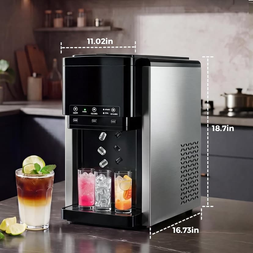3-in-1 Water Dispenser with Ice Maker,Countertop Nugget Ice Machine with Bullet & Crushed Ice,44Lbs/24H,12 Ice Cube/6Min, Self-Cleaning, 4Lbs Storage, Home, Kitchen,RV (Silver) (Silver)