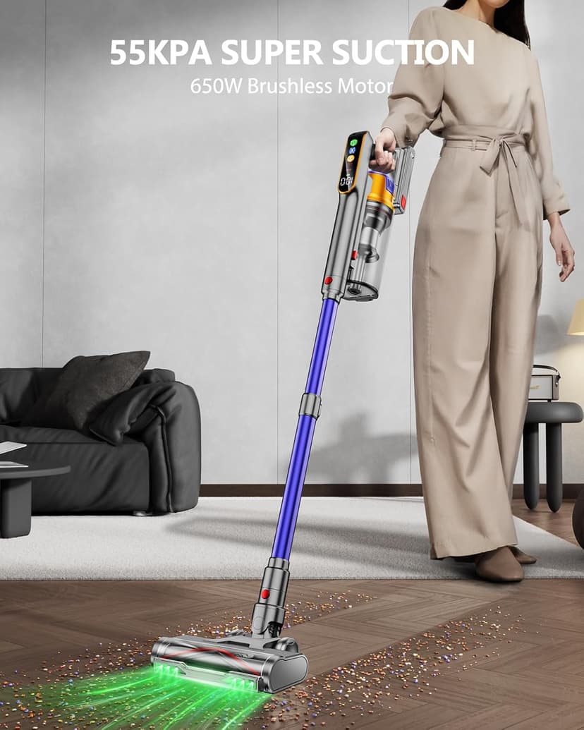 DIFFULL Cordless Vacuum Cleaner, 650W 55KPA 70Mins Vacuum Cleaners for Home, Stick Vacuum with 1.8L Cup, Anti-Tangle, 8-Stage Filter System, Green Light for Pet Hair, Carpet, Floor