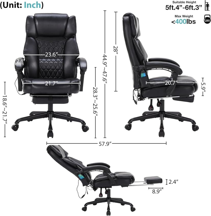 Massage Office Chair with Foot Rest 6 Points Vibration and Heat Home Office Desk Chairs for Heavy People 400lbs Reclining Managerial Chairs Ergonomic Executive Chair (Black)