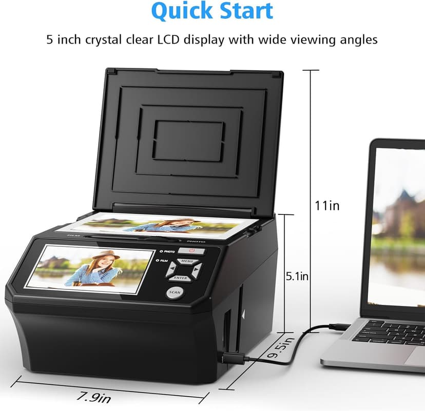 Film & Photo Scanner with 5" LCD Screen, Converts Photo, 135/110 Film Negatives & Slides, Business Card to 22MP Digital Photos, 8GB SD Card Included
