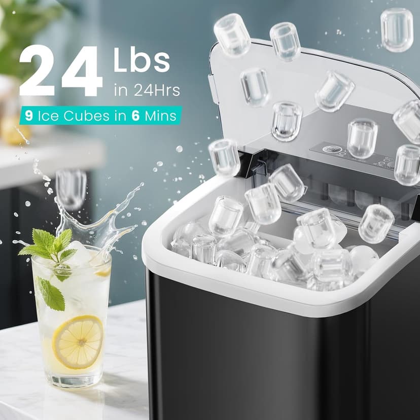 OLIXIS Countertop Ice Maker Machine with Handle, Auto-Cleaning Portable Ice Maker with Basket & Scoop, 26lbs in 24Hrs & 9 Ice Cubes in 6 Mins, 2 Ice Cube Sizes, for Home Party Camping RV, Black