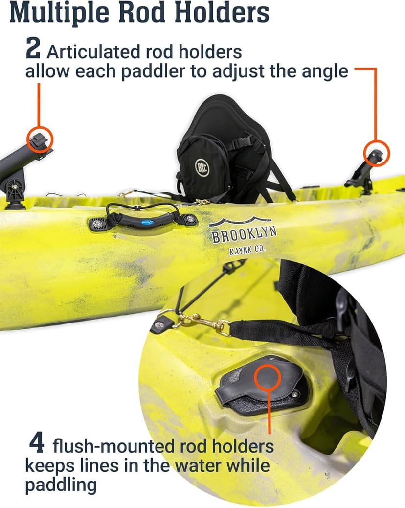 Brooklyn 12.5 Tandem Sit-On-Top Fishing Kayak by BKC, 2–3 Person Kayak with Padded Seats, Paddles, 6 Rod Holders, 600 lb Capacity, Motor-Ready