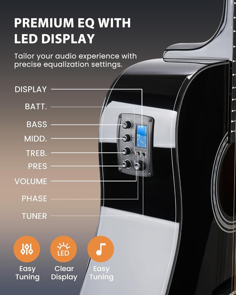 Fesley 12 String Guitar: 42" Full Size Acoustic Electric Guitars for Beginners Adults, Spruce Top Guitarra Acustica, Cutaway Guitar Bundle with Gig Bag, Picks, Strings, Strap, Gloss, Black