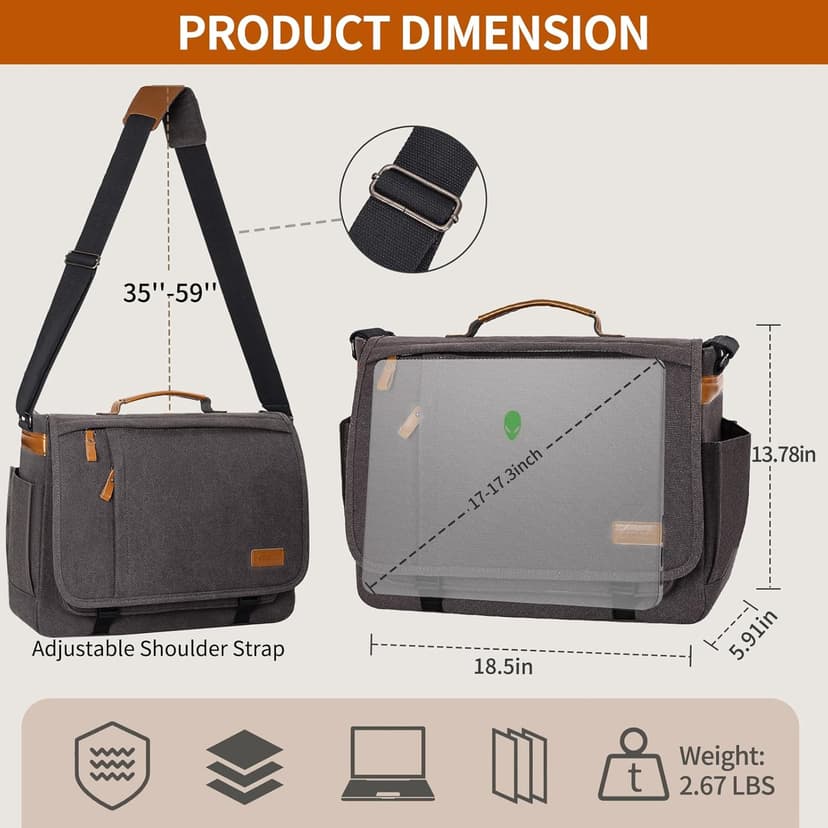 ESTARER Men Messenger Bag 17-17.3 Inch Laptop Bag Water-resistant Canvas Computer Shoulder Bag Briefcase for Work College Travel, Grey