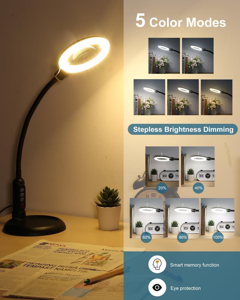 12X Magnifying Glass with Light and Stand, Real Glass, LED 5 Color Modes, Brightness Stepless Dimming Lighted Magnifier Hands Free with Flexible Gooseneck Desk Clamp Lamp for Close Work, Craft, Hobby B0DC3KH6XY