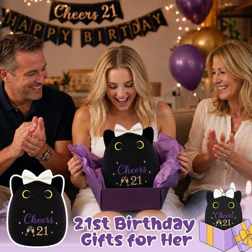 8inch Cat Stuffed Anmals with Cheers 21, Soft Plush Cute 21 Year Old Birthday Gifts for Girls Women 21st Birthday Black Cat Plush, 21st Birthday Gifts for Girls Her B0H2GV3YWL