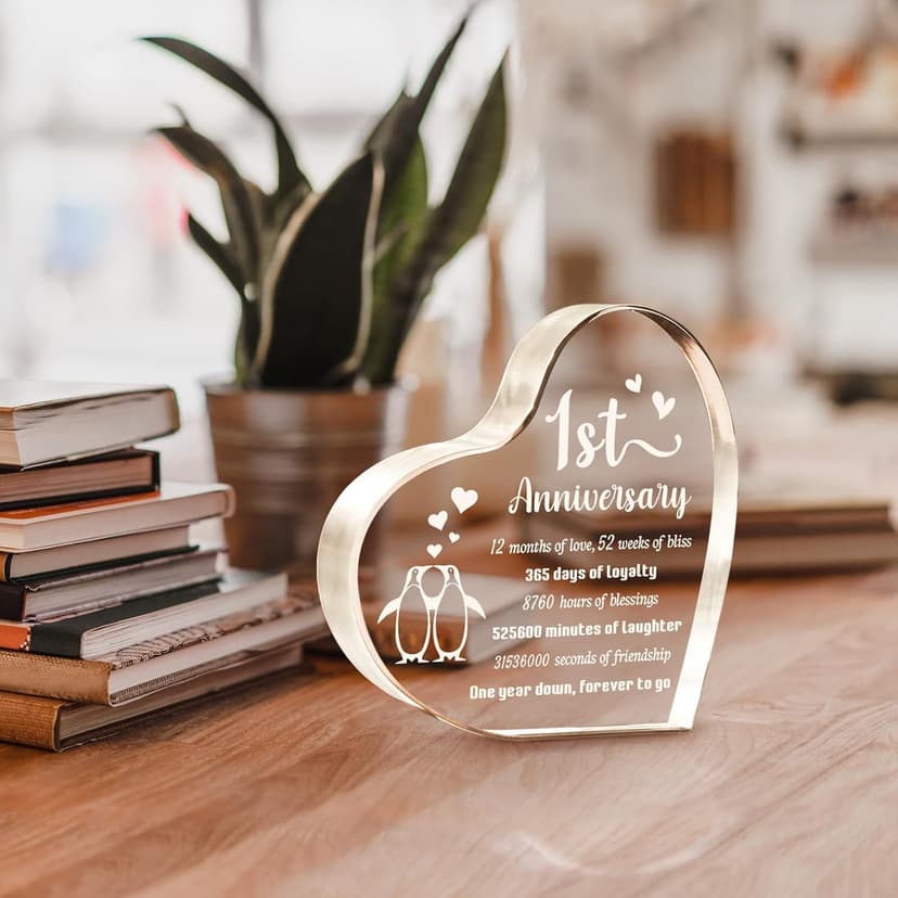 1 Year Anniversary Wedding Gifts for Boyfriend Girlfriend, One Year 1st Anniversary Romantic Gifts for Him Her, Heart Shaped Acrylic Block for Couple Husband Wife, Penguin Keepsake