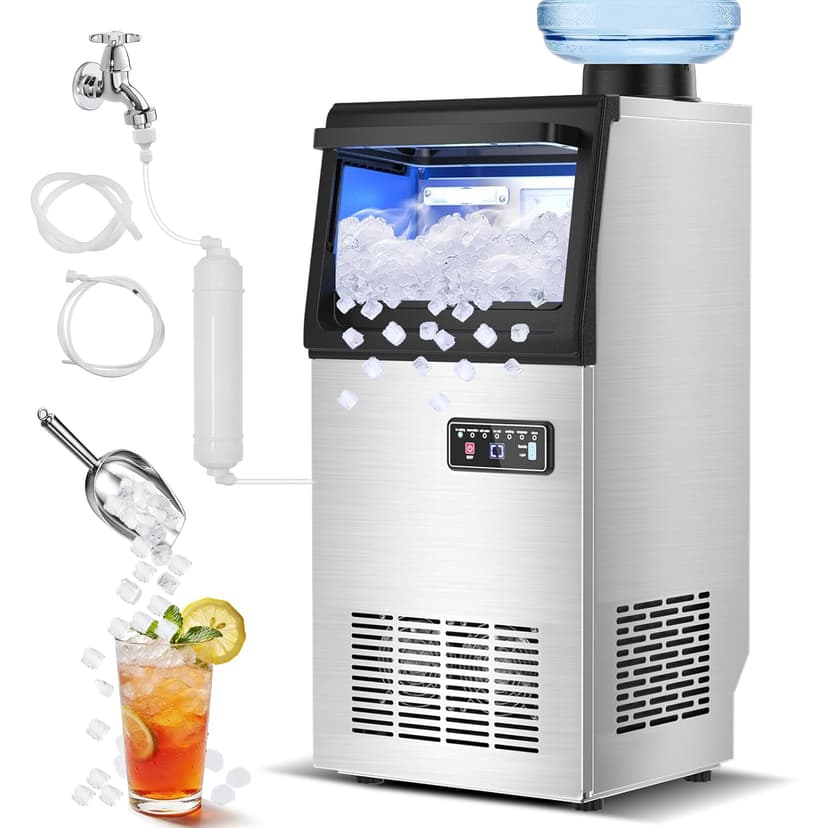 Nugget Ice Maker Machine Commercial, 80lbs/24h Undercounter Sonic Ice Machine with 20lbs Storage Bin & Dual Water Inlet, Chewable Pellet Ice for Restaurant Bar Home, Stainless Steel