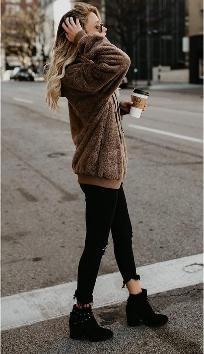 ReachMe Womens Oversized Sherpa Pullover Hoodie with Pockets Fuzzy Fleece Sweatshirt Plaid Fluffy Jacket Coat