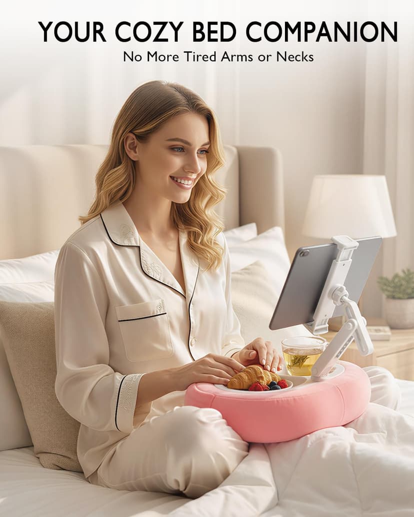 Compatible with Kindle, iPad, Phone and Tablet 5" to 12.9", Soft Plush Fabric, with 2 Snack Bowls, for Reading and Relaxing Miledi Tablet Pillow Stand for Bed with 360° Rotating Holder, Pink B0DJ2NSNFP