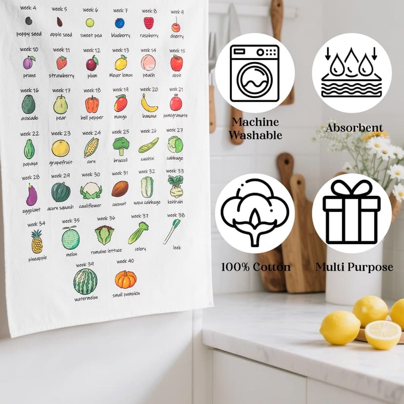 Baby Size Tea Towel - Weekly Baby Growth Tracker In Fruit & Veg First Time Mom To Be Musthave Pregnancy Announcement Congratulation Pregnancy Gift For Expecting Parents Couple Countdown Maternity Gift