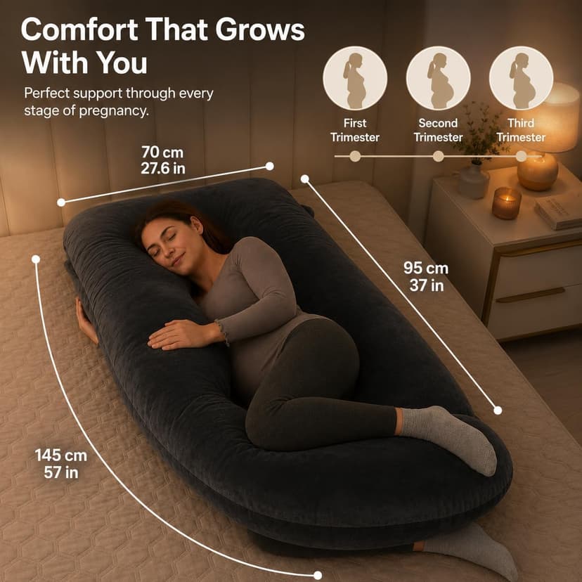 Pregnancy Pillow, Full Body 57 Inch Maternity Pillow with Removable Washable Cover - Sleep Support for Legs, Back, Neck, Shoulder, HIPS, Belly for Pregnent Women, Black Grey Velvet Cover