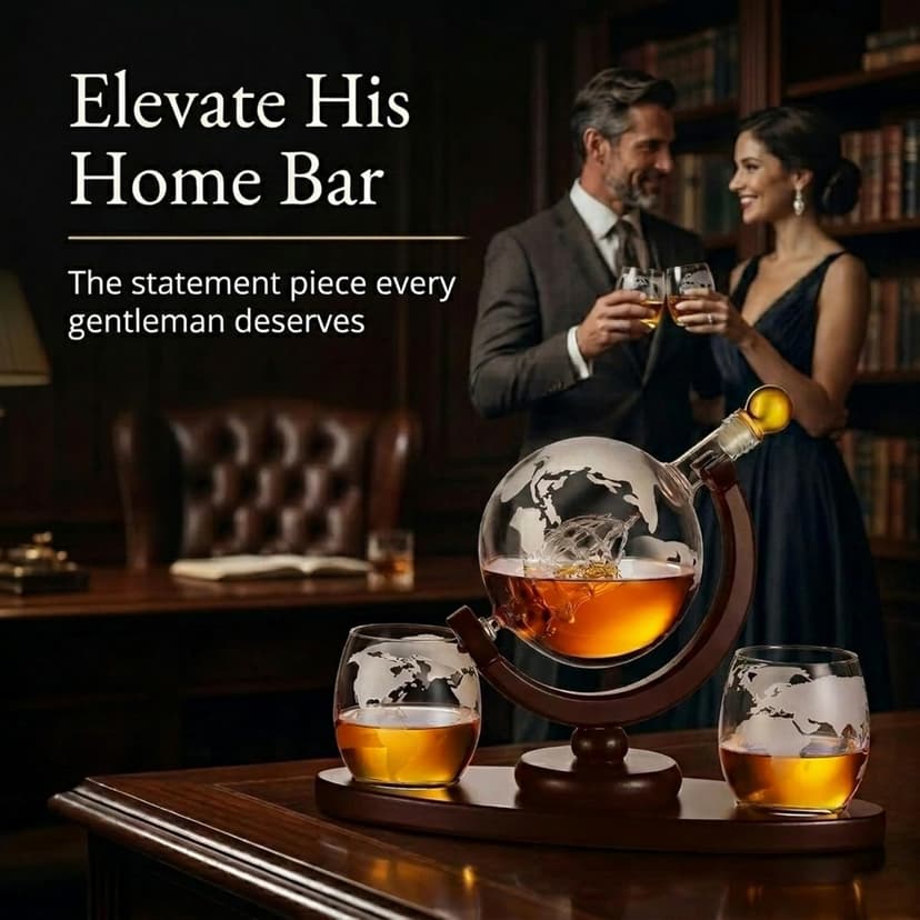 Gifts for Men, Whiskey Decanter Globe Set with 2 Etched Whiskey Glasses - for Liquor Scotch Bourbon Vodka, Gifts For Dad - 850ml