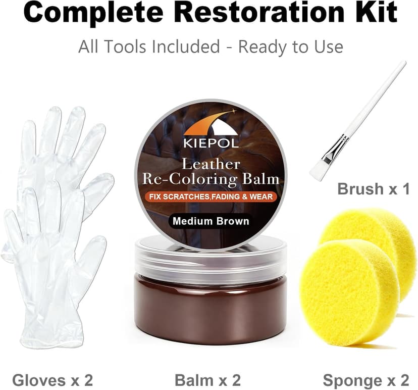 Medium Brown Leather Repair Kit - Recoloring Balm & Dye to Restore Scratches, Faded & Aged Leather & Vinyl Couches, Boots, Car Seats & Furniture