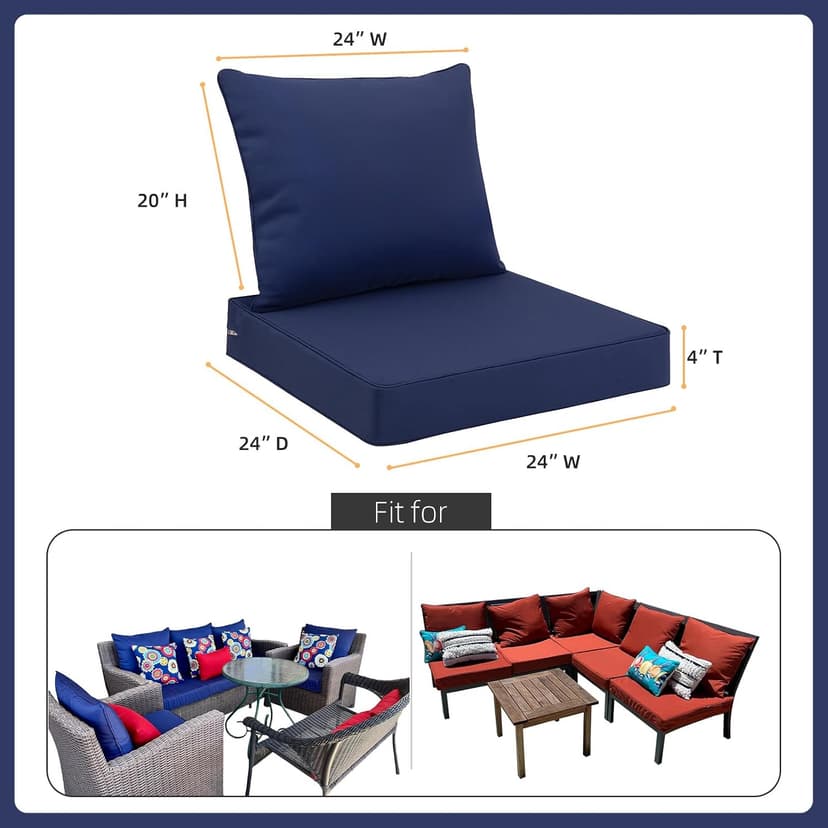 Favoyard Outdoor Seat Cushion Set 24 x 24 Inch Waterproof & Fade Resistant Patio Furniture Cushions with Removable Cover Deep Seat & Back Cushion with Tie Straps for Chair Sofa Couch