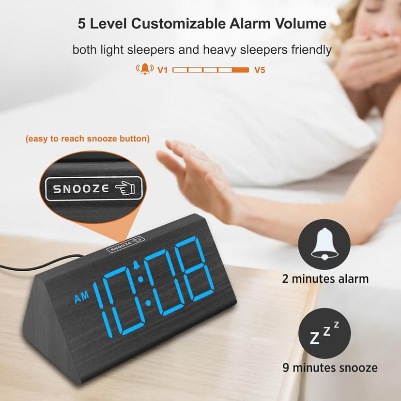 DreamSky Wooden Digital Alarm Clocks for Bedrooms - Electric Desk Clock with Large Numbers, USB Port, Loud Alarm for Heavy Sleepers, Adjustable Volume, Dimmer, DST, Wood Décor Gifts, Adapter Powered
