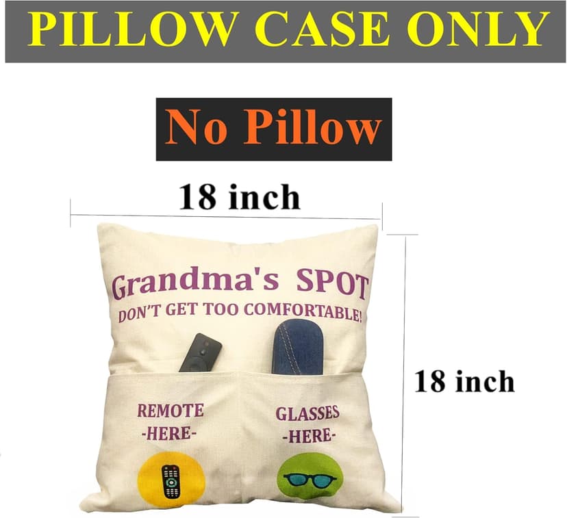 Grandma Gifts, 2-Pocket Grandma’s Spot Throw Pillow Covers 18x18 Inch + Engraved Spoon, Birthday Christmas hanksgiving Day Gifts for Grandma Mom Gigi Nana Mimi